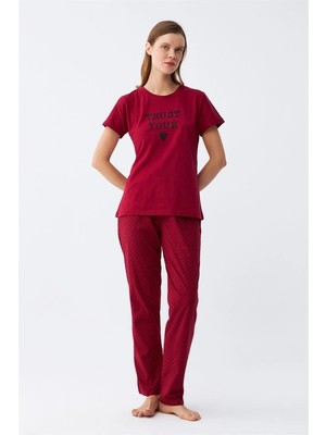 Bemy Store Kadın Bordo Kalp Desenli Kısa Kollu Penye Pijama Takımı