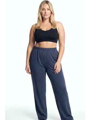 Bemy Store Kadın Lacivert Büyük Beden Cepli Pijama Altı Rahat Kesim Esnek Bel Günlük Ev Giyim Alt