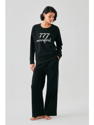 Bemy Store Kadın Siyah Manifest Oversize 2 Iplik Eşofman Ev Giyim Takımı