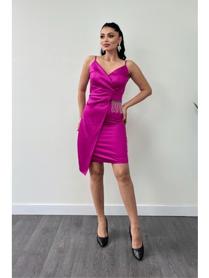 Giyimmasalı Saten Kumaş Boncuk Detaylı Elbise - FUŞYA-GYM-1207