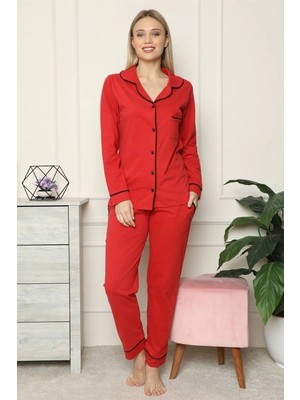Bemy Store Kadın %100 Pamuk Penye Önden Düğmeli Uzun Kol Pijama Takım Kırmızı