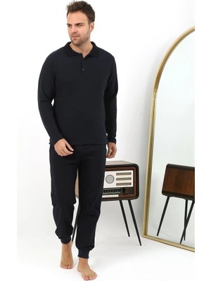 Bemy Store Erkek Polo Yaka Uzun Kol Penye Pijama Takımı Lacivert