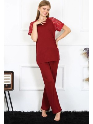 Bemy Store Kadın Kolu Dantelli Penye Pijama Takım Bordo