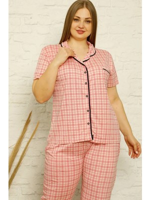 Bemy Store Kadın Pamuklu Cepli Kısa Kol Büyük Beden Pijama Takım Pembe