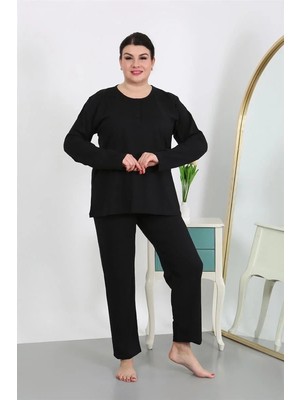 Bemy Store Kadın Büyük Beden Uzun Kol Penye Pijama Takımı Siyah