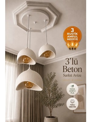 OZNIVA Beton Görünümlü 3'lü Sarkıt Avize Beyaz Bohem Modern İskandinav Salon Yemek Masası Rustik LED Ampul Hediyeli