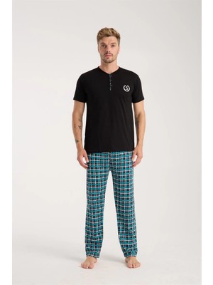 Bemy Store Erkek Düğmeli Yaka Siyah Kısa Kol Pijama Takımı