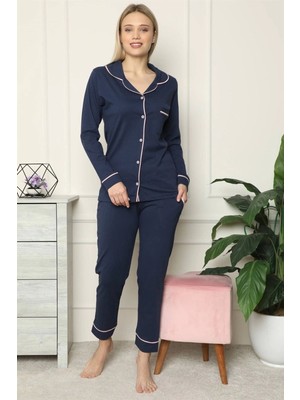 Bemy Store Kadın %100 Pamuk Penye Önden Düğmeli Uzun Kol Pijama Takım Lacivert