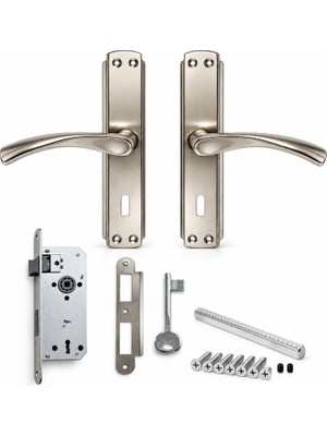 Badem10 Mina Aynalı Iç Oda Kapı Kolu 1 Takım + 40 mm Sessiz Gömme Kilit 1 Adet Kapı Kolu Seti