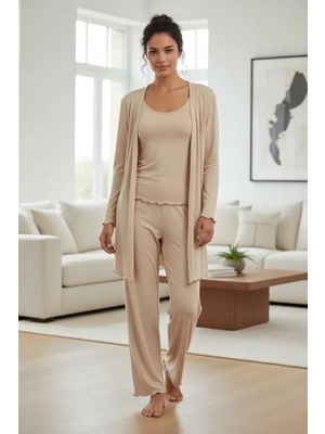 Beruflic Kadın Bej Kısa Kimono 3’lü Takım Yumuşak Dokulu Şık Rahat Ev Giyim Seti Under Moda