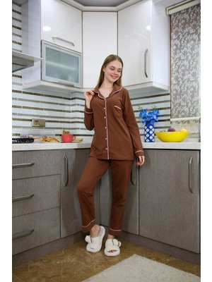 Beruflic Kadın Penye Uzun Kol Pijama Takım Kahve Under Moda