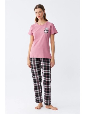 Beruflic Kadın Somon Ayıcık Baskılı Ekoseli Penye Pijama Takımı Under Moda