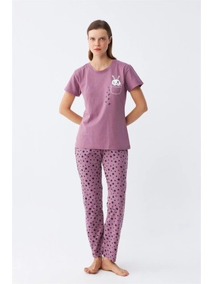 Beruflic Kadın Mor Patili Tavşan Baskılı Cepli Pijama Takımı Under Moda