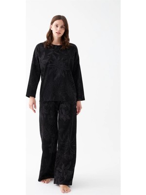 Beruflic Kadın Oversize Siyah Çiçek Desenli Pamuklu Kalın Pijama Takımı Under Moda