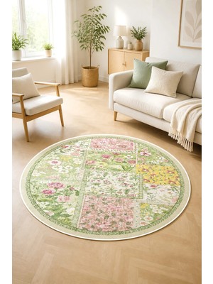 Decomia Home Dijital Kaymaz Yıkanabilir Yuvarlak  Renkli Çiçek Desenli Salon Halısı Mutfak Halısı Koridor Halısı Yolluk