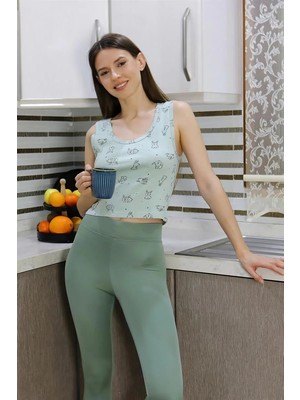 Moda Kadın Crop Büstiyer Tayt Alt Üst Takım Suyeşili Beruflic