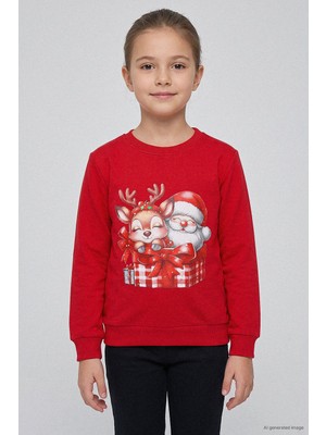 Kinderos Geyik ve Noel Baba Baskılı Yılbaşı Çocuk Sweatshirt - 26K 30858