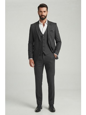 Sabri Zengin Erkek  Slim Fit Likralı Kalın Premium Kumaş 3 Parça Takım Elbise