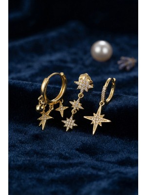 Pileli Store Kutup Yıldızı Model Gold Renk 3 Lü Küpe Set TJ-BKP11974