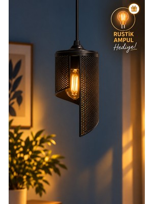 OZNIVA Spiral Tekli Sarkıt Avize Siyah Modern Özel Tasarım Salon Mutfak G95 Rustik LED Ampul Hediyeli