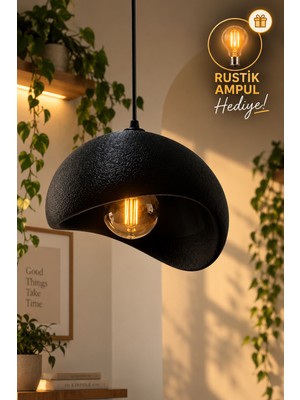 OZNIVA Beton Görünümlü Siyah Tekli Sarkıt Avize Dokulu Modern Bohem İskandinav Salon Mutfak G95 Rustik LED Ampul Hediyeli