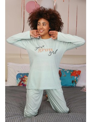 MiraLive Kadın Penye Uzun Kol Pijama Takım Su Yeşili