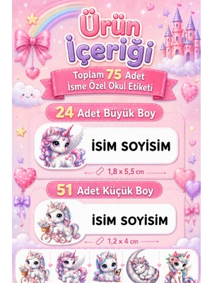 Cabuk Baskı Isme Özel 75 Adet Kız Çocuk Okul Etiketi Seti Unicorn Temalı 24 Büyük 51 Küçük Defter Kitap Kalem Isim Etiketi
