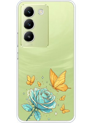 LOTUS GOLD Vivo V30 Lite Uyumlu Gül ve Kelebek Desenli Şeffaf Telefon Kılıfı