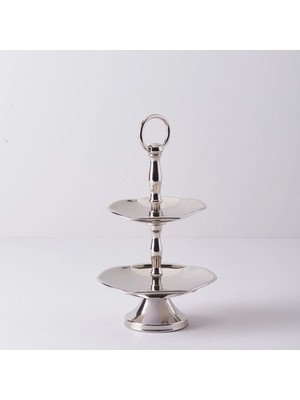 Linens Wawe 2 Katlı Servis Gümüş 13x16x24 cm Metal Ayaklı Sunumluk Modern Tasarım