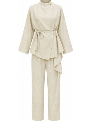 Laluvia Sarı Volanlı Ince Kemerli Kimono Takım - 8739