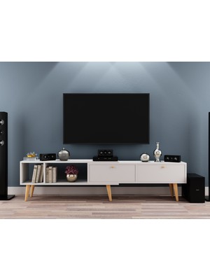 Ankara Mobilya Evo Ahşap Ayaklı Modern Tasarımlı 210 cm Beyaz TV Ünitesi