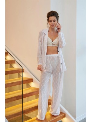 Hace Bazaar Kadın Beyaz Şeffaf Jakar Düğmeli Pijama Takımı -Hcb