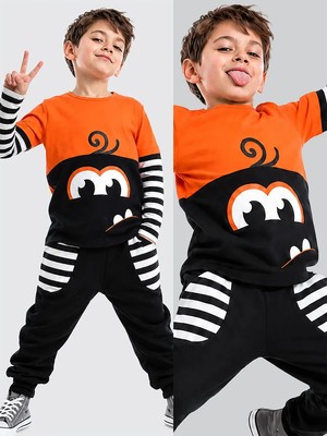 Denokids Erkek Çocuk Kışlık Çizgili Pamuklu Siyah Uzun Kollu 2 Parça Eşofman Takımı 2-8 Yaş