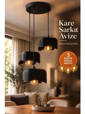 OZNIVA Beton Görünümlü Siyah 3'lü Kare Sarkıt Avize Modern Bohem Salon Yemek Masası G95 Rustik LED Ampul Hediyeli