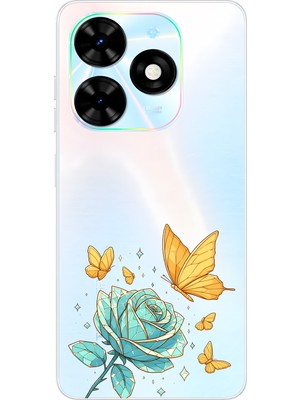 LOTUS GOLD Tecno Spark 20/20C Uyumlu Gül ve Kelebek Desenli Şeffaf Telefon Kılıfı