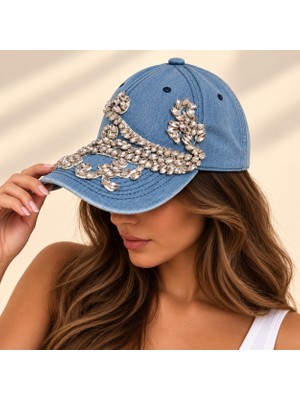 Kadın Mavi Denim Taşlı Motifli Şapka