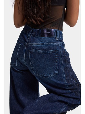 It's Basic Kadın Koyu Mavi 2W6-7 Palazzo Fit Dantel Nakış Detaylı Özel Tasarım Denim Jean