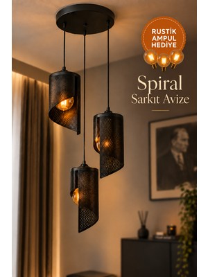 OZNIVA 3'lü Spiral Sarkıt Avize Spiral Modern Dekoratif Salon Yemek Masası 3 Rustik LED Ampul Hediyeli