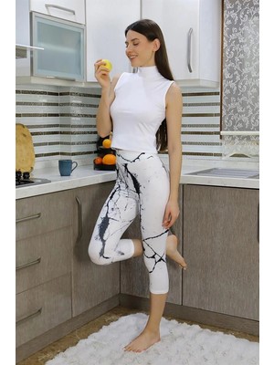 Çamaşır Kenti Moda Kadın Micro Desenli Dizaltı Tayt Beyaz Beruflic