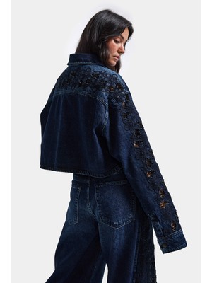 It's Basic Kadın Koyu Kot 2W6-7 Dantel Nakış Detaylı Kemer Boy Özel Tasarım Denim Ceket
