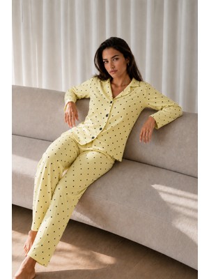 Fit Women Kadın Uzun Kollu Düğmeli Sarı Pijama Takımı