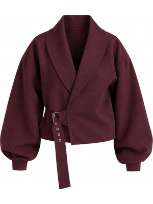 Laluvia Bordo Kendinden Kemerli Crop Ceket - 5169