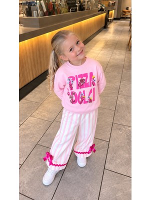 Elzo Collection Kız Çocuk Pembe Pizza Dolcı Yazılı Sweatshirt Pembe Çizgili Kurdela Detaylı Kanvas 3 Iplik Kumaş Alt Üst Takım