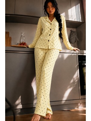 Fit Women Kadın Puantiyeli Gömlek Yaka Sarı Pijama Takımı