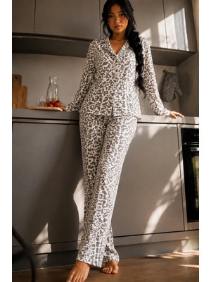 Fit Women Kadın Puantiyeli Gömlek Yaka Gri Pijama Takımı