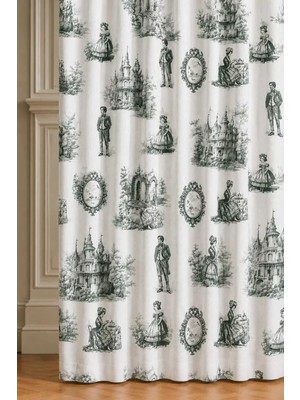 Luxoras Home Yeşil Fransız Şato Desenli Duck Kumaş Düz Fon Perde Kornişli Vintage Country Perde-Bağcık Hediyeli