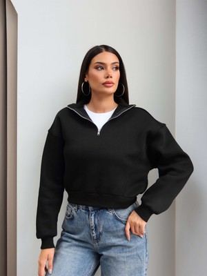 Esra Helvacı Fermuarlı Dik Yaka Şardonlu Sweatshirt