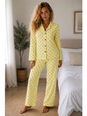 Fit Women Kadın Rahat Kesim Puantiyeli Sarı Pijama Takımı