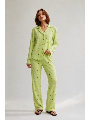Fit Women Kadın Puantiyeli Düğmeli Yeşil Pijama Takımı