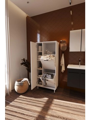 Septemius Menekşe 2 Kapaklı Çok Amaçlı Dolap Çamaşır Sepetli Banyo Dolabı Raflı Kirli Çamaşır Dolabı Düzenleyici